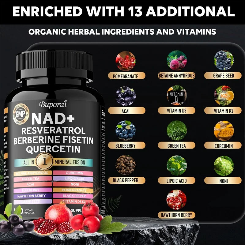 NAD+, Resveratrol, Quercetin, Berberine Fisetin - Improves Endurance, Cellular Health, Healthy Aging, Cardiovascular Function