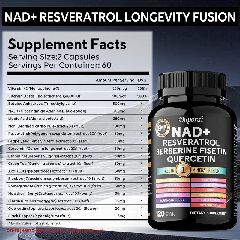 NAD+, Resveratrol, Quercetin, Berberine Fisetin - Improves Endurance, Cellular Health, Healthy Aging, Cardiovascular Function
